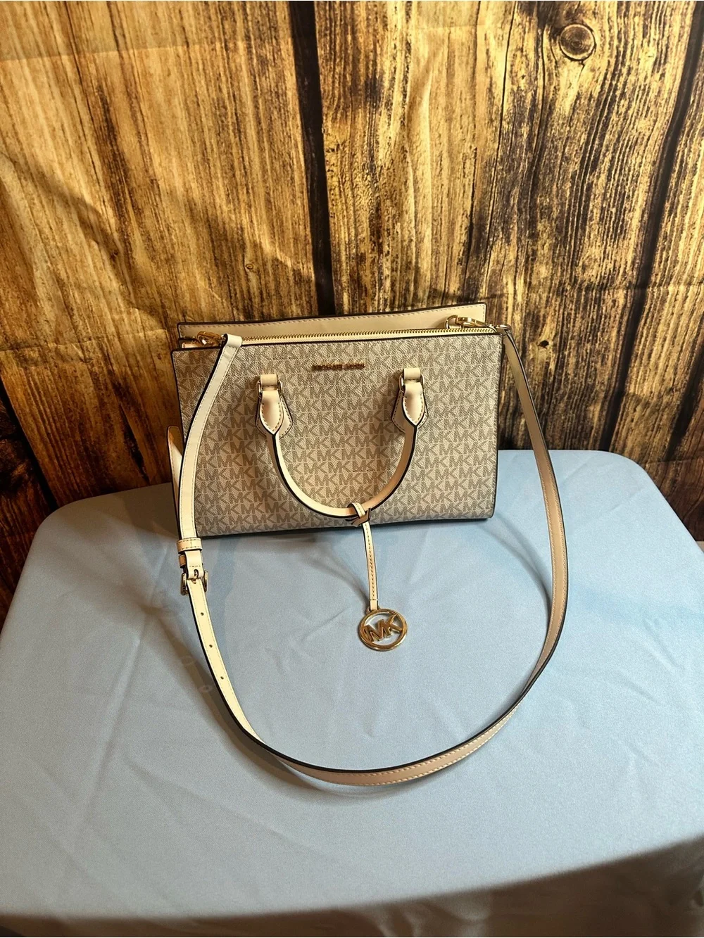 Michael Kors Beige Logo Satchel with Gold Charm
